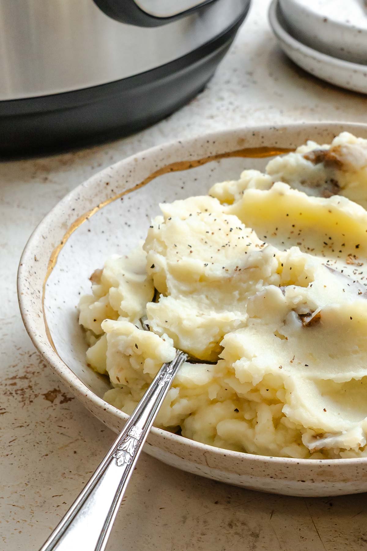 Completed Instant Pot Garlic Mashed Potatoes [+ Mix-Ins] in a bowl.