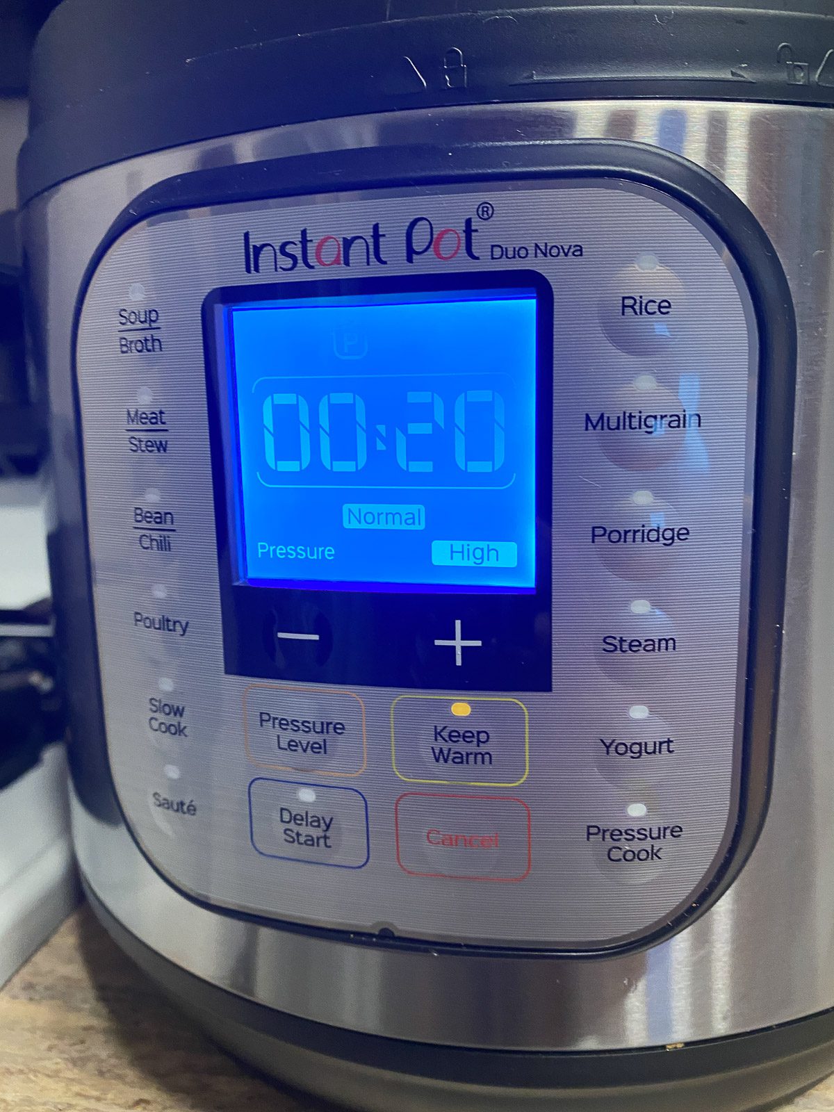 display screen of instant pot settings for Instant Pot Vegetable Barley Soup