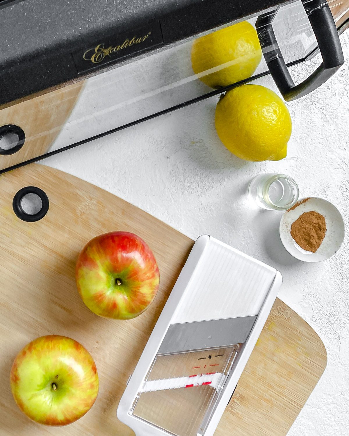ingredients and mandoline for Dehydrator Apple Chips