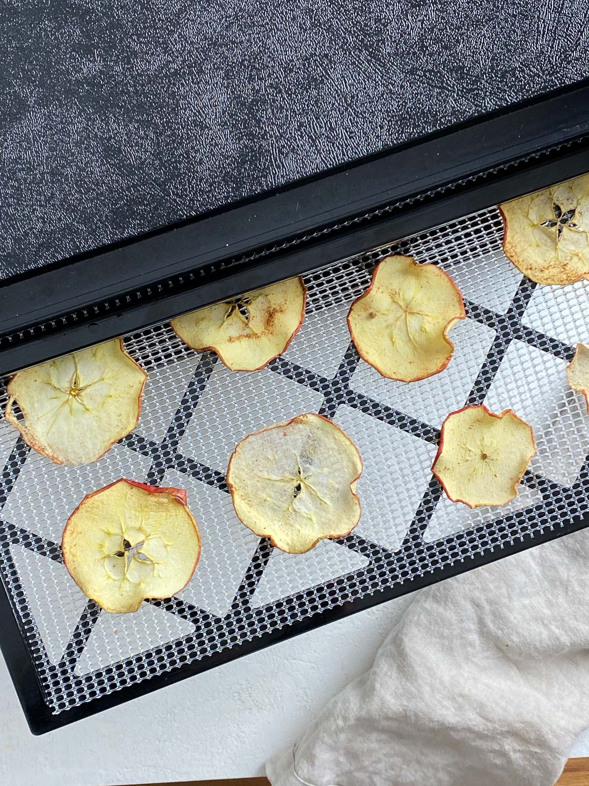 completed apple chips on top of dehydrator tray