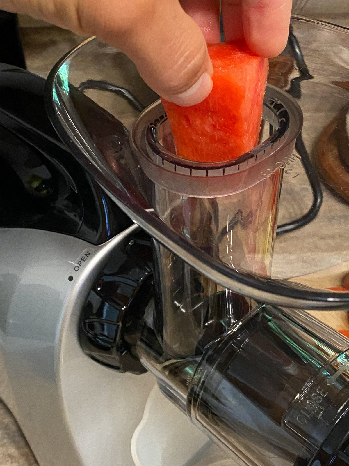 process shot adding watermelon to juicer