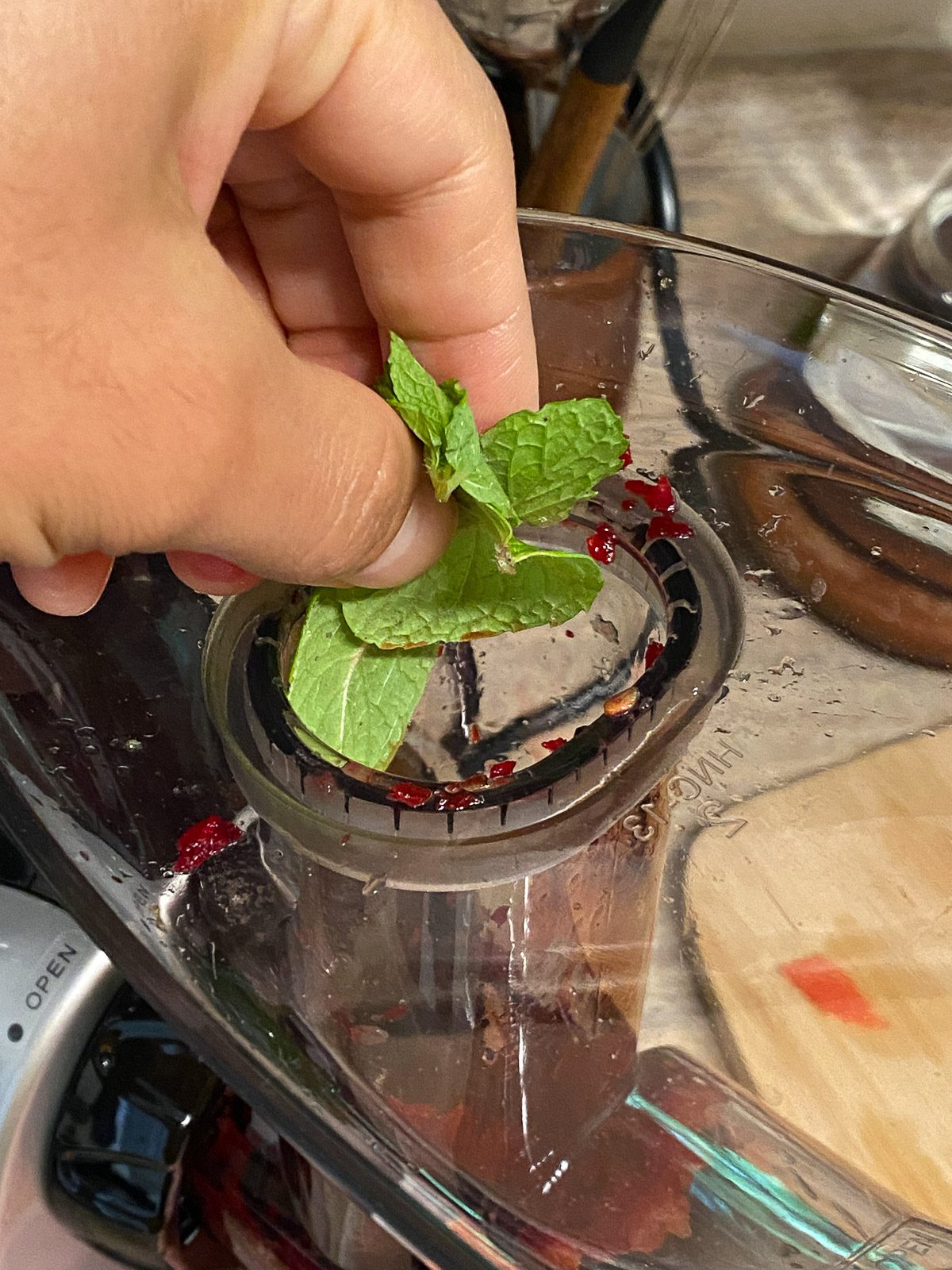 process shot adding mint to juicer