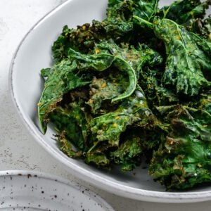 completed Air Fryer Kale Chips in a white bowl