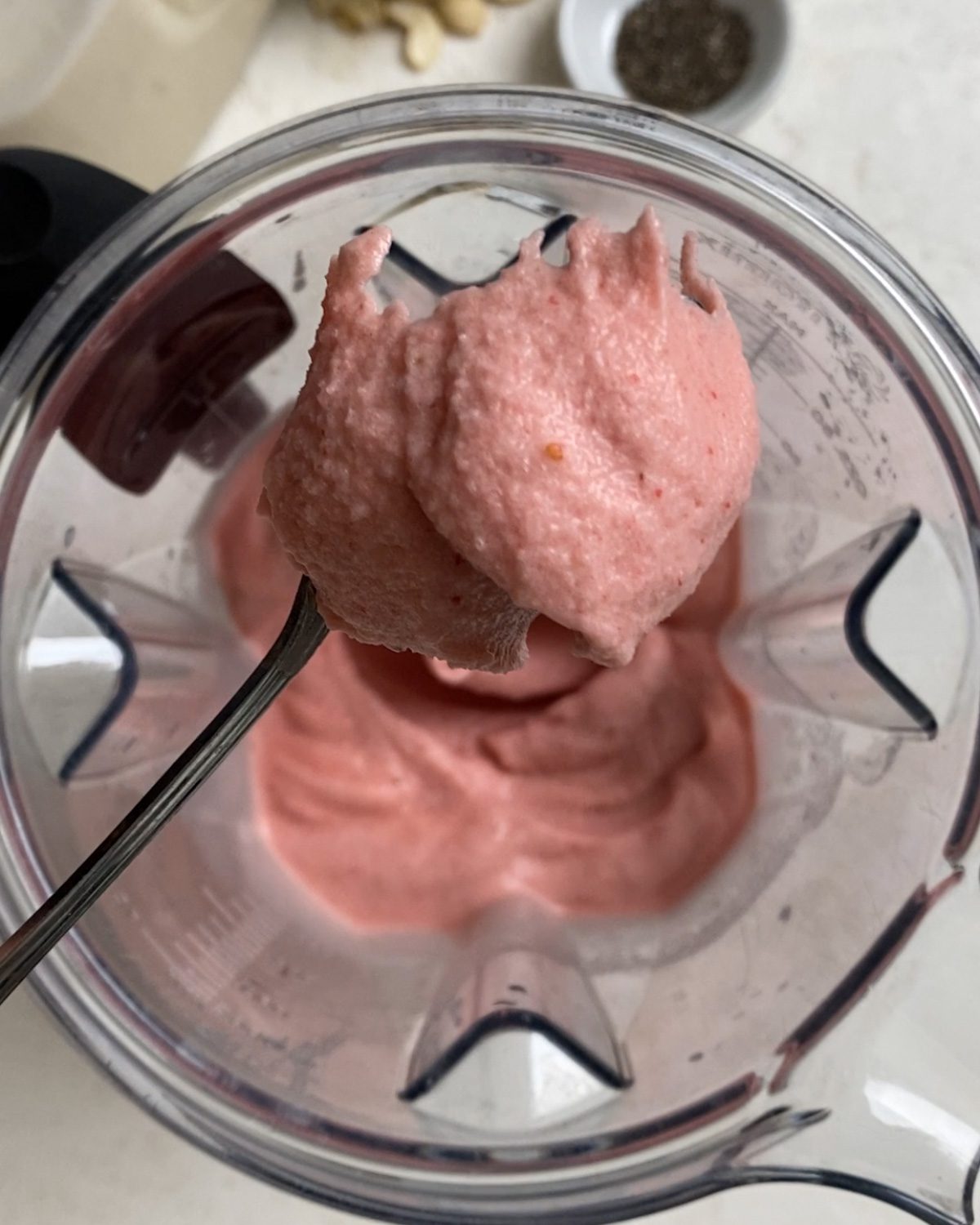 post blending of Strawberry Smoothie Bowl in blender
