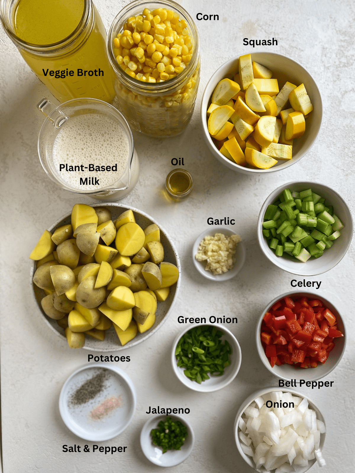 Ingredients for Vegan Corn Chowder measured out on a white surface.