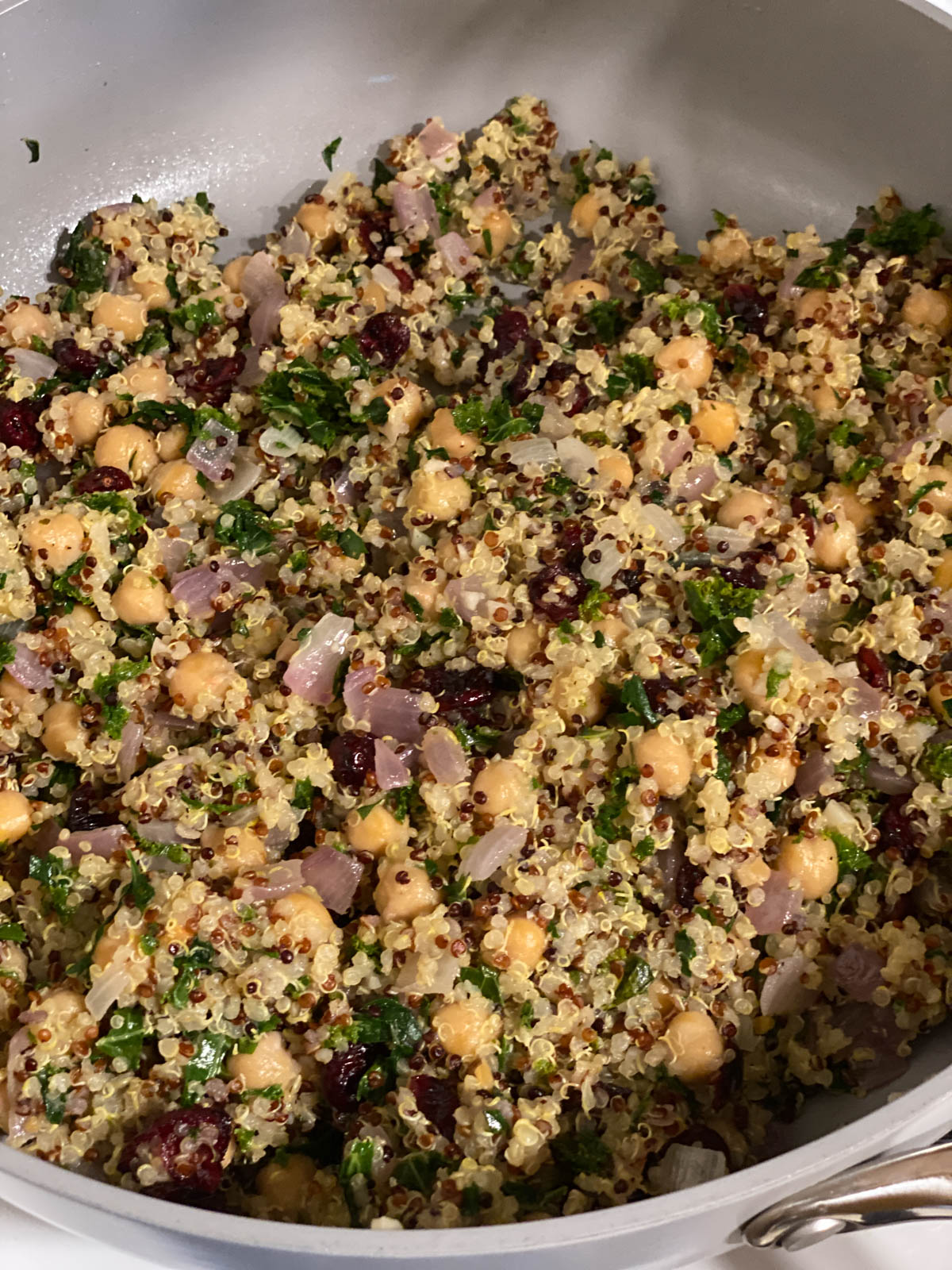 completed stuffing mixture for Vegan Stuffed Acorn Squash [With Quinoa] in a pan