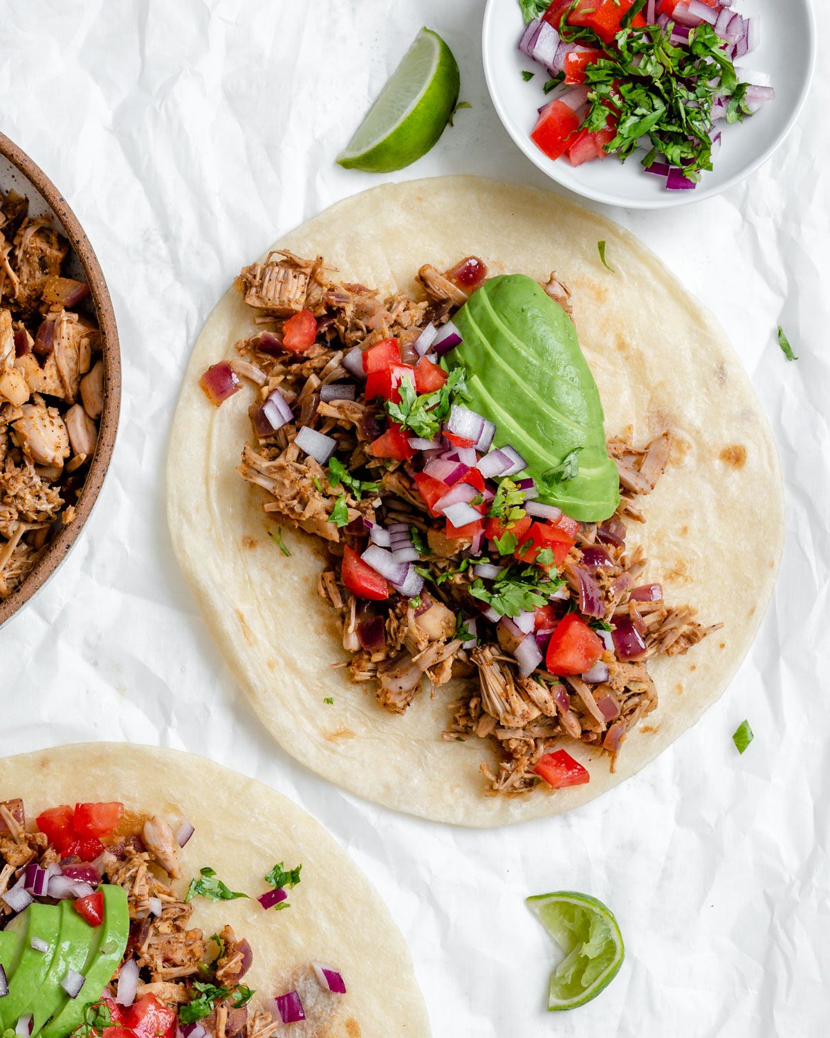completed Easy Jackfruit Carnitas on a white surface