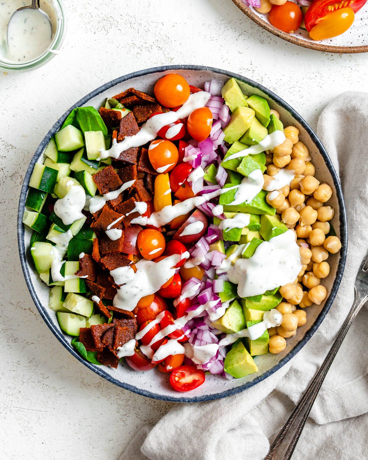completed Vegan Cobb Salad against a light surface