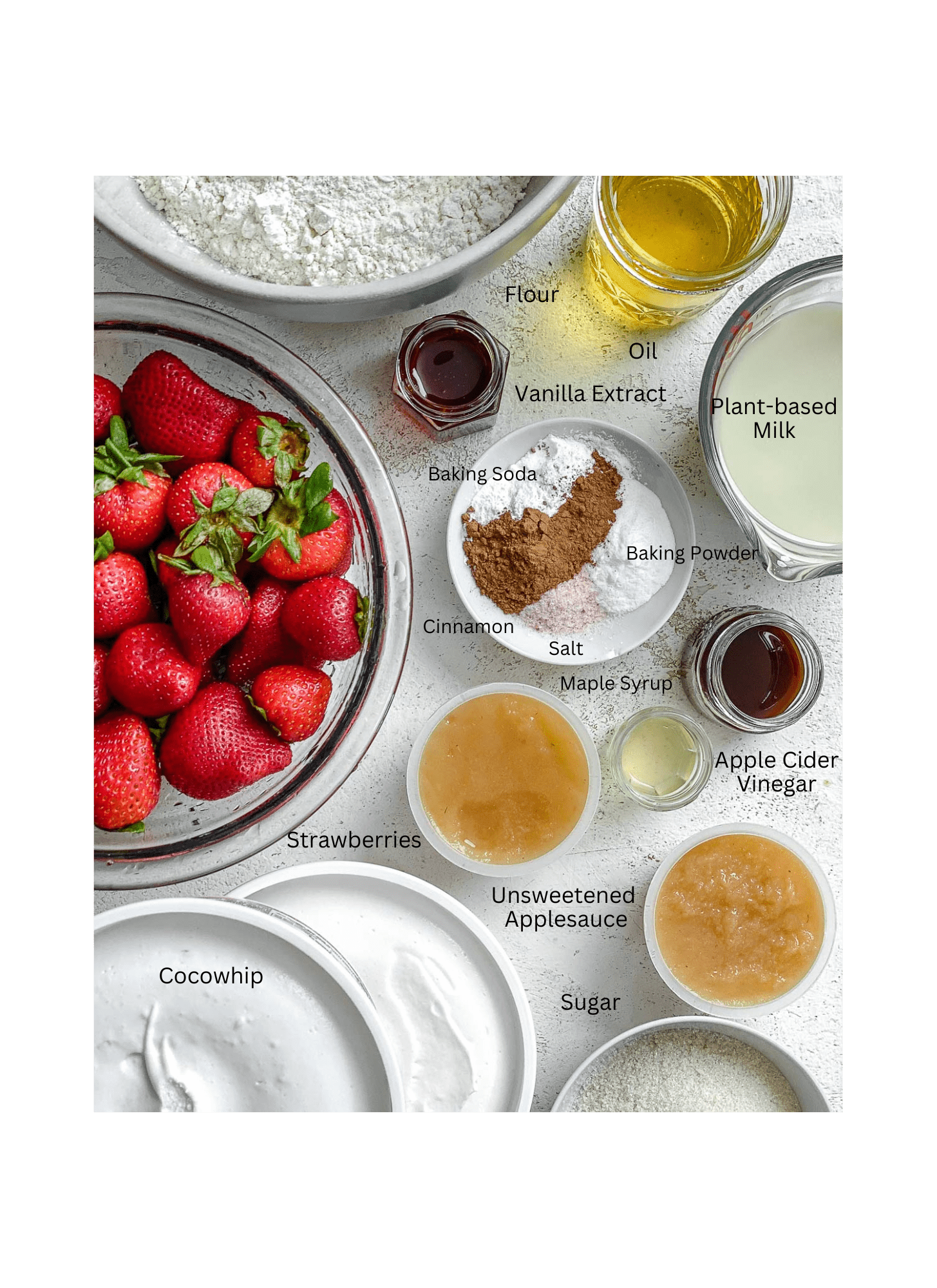 ingredients for Vegan Strawberry Shortcake against a white background