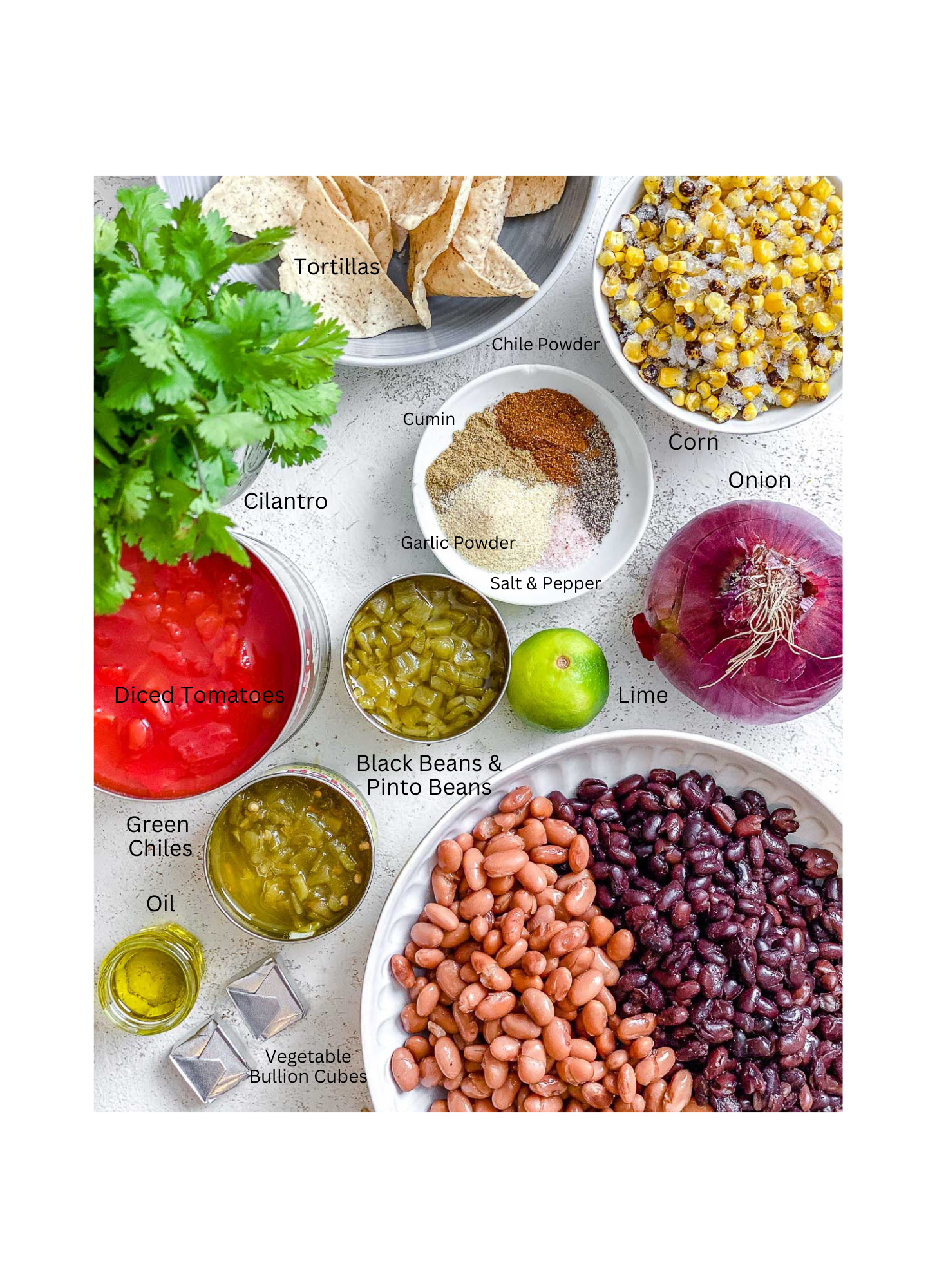 Easy Vegan Taco Soup ingredients measured out against a light surface