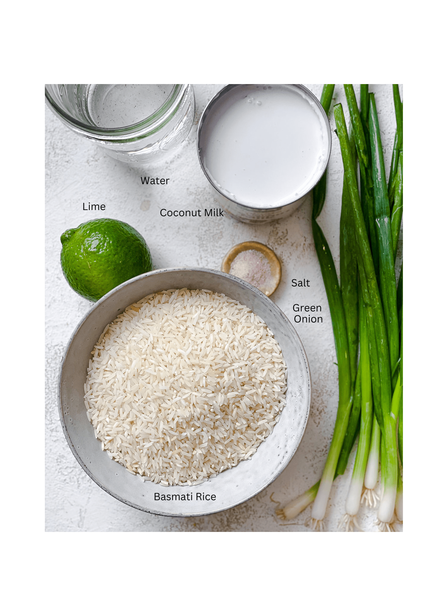 ingredients for Coconut Basmati Rice measured out against a white surface