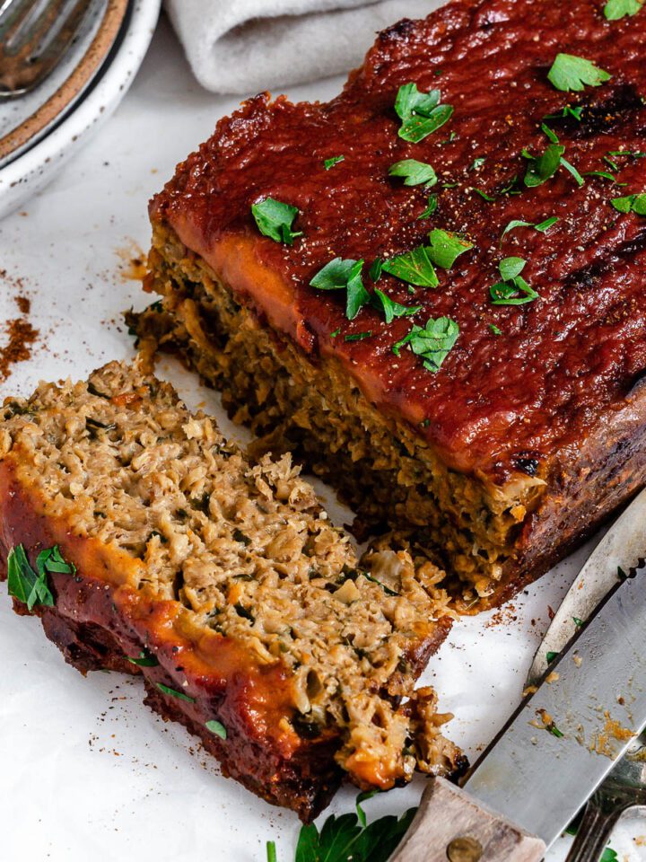 completed Beyond Meat Meatloaf against a white surface