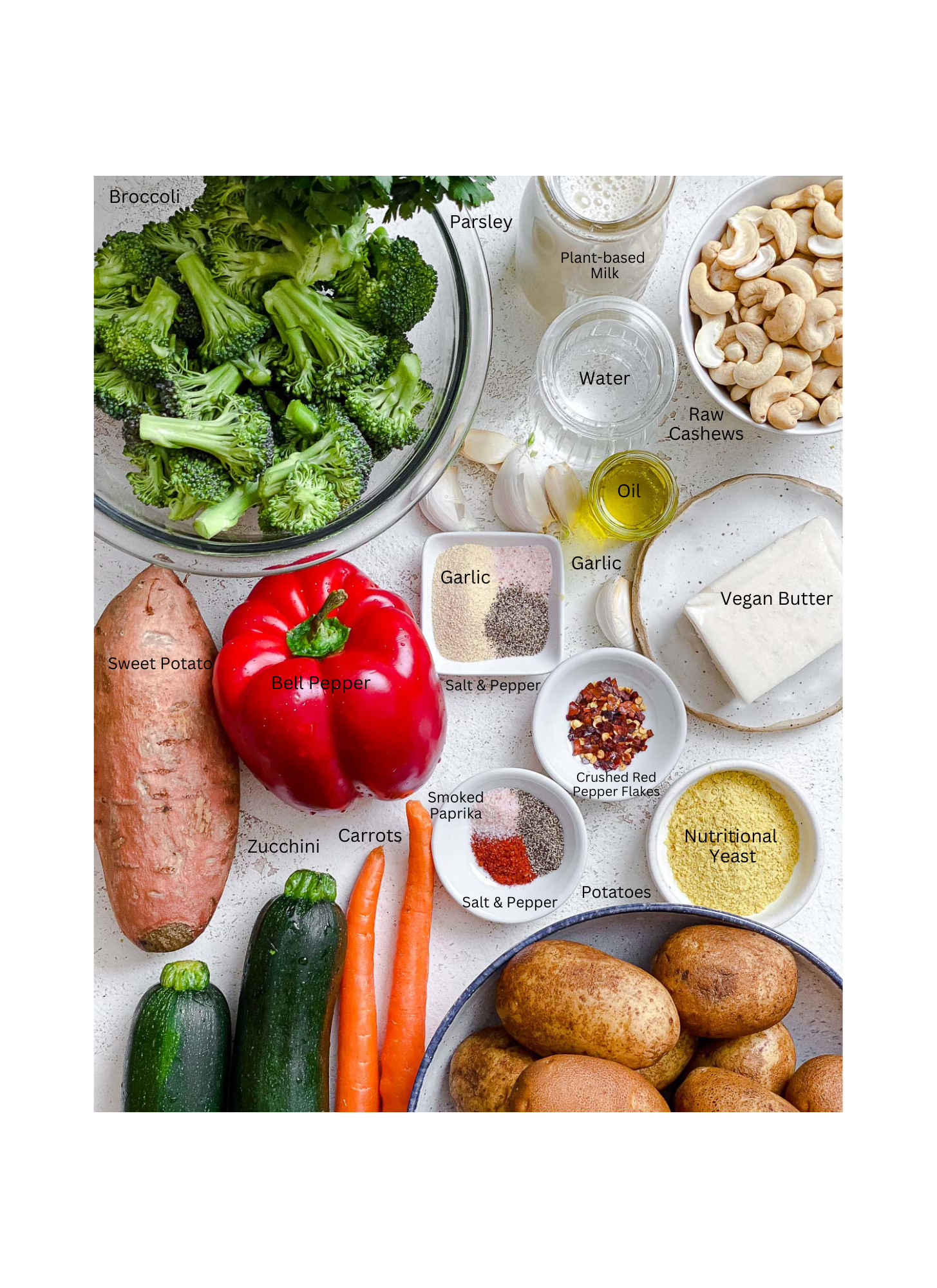 ingredients for Loaded Mashed Potato Bowl measured out against a white surface