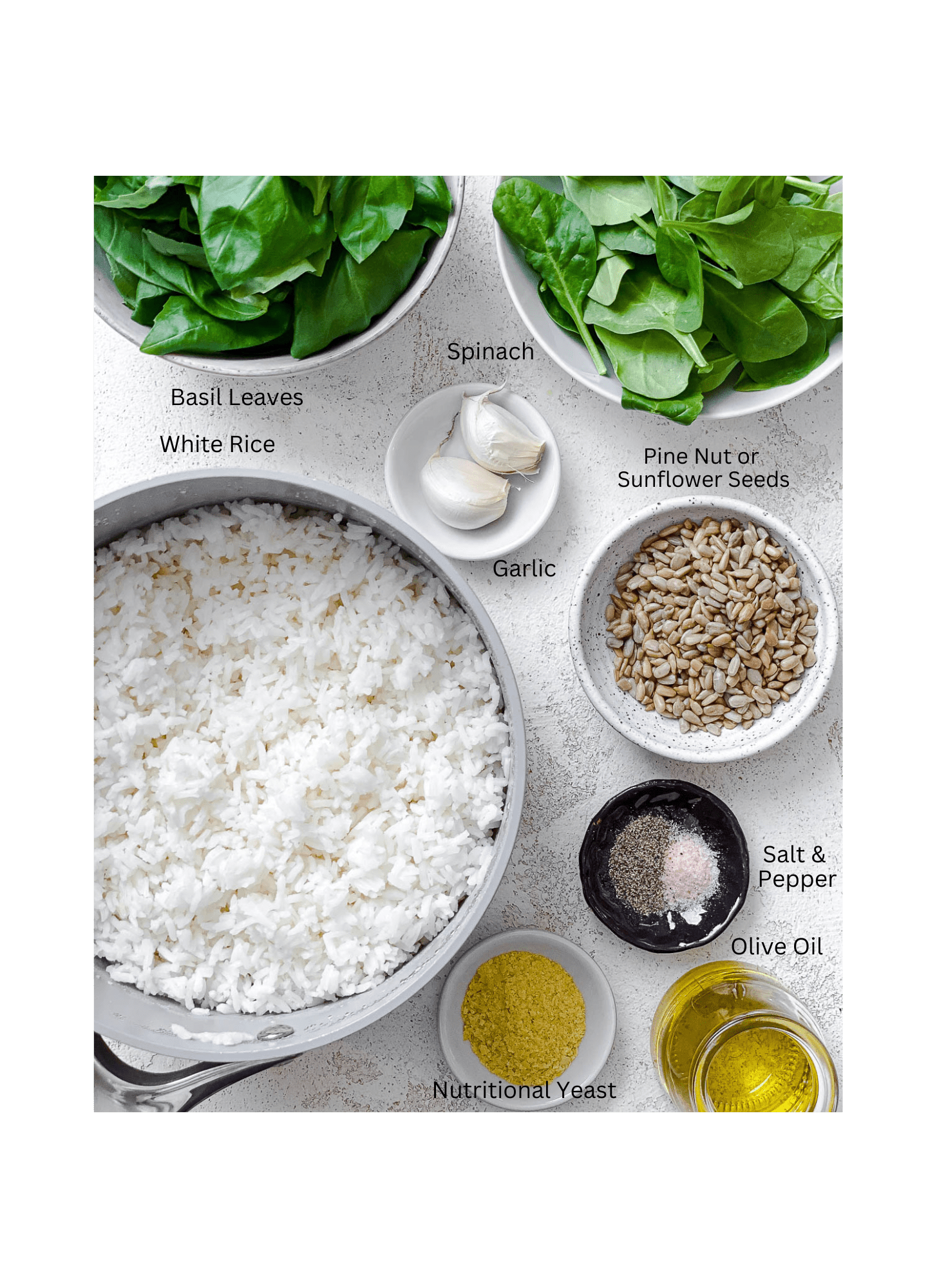 ingredients for Pesto Rice measured out against a white surface