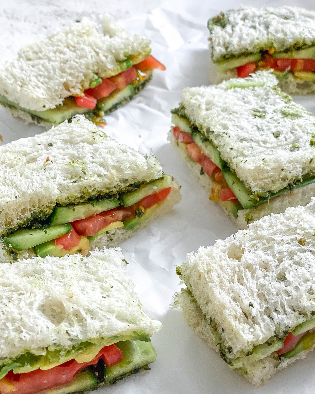 completed Vegan Tea Sandwiches against white surface