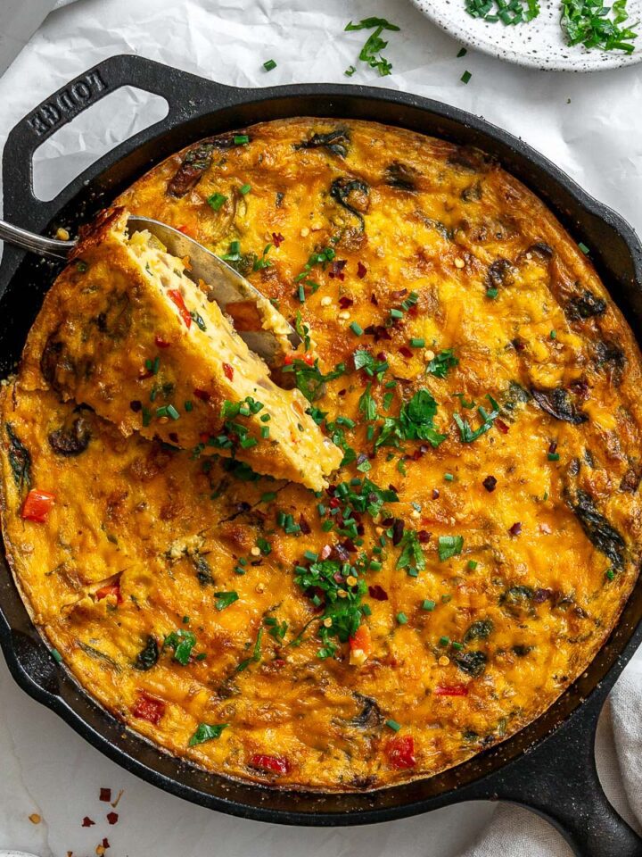 completed Vegan Just Egg Frittata in a skillet against a white surface