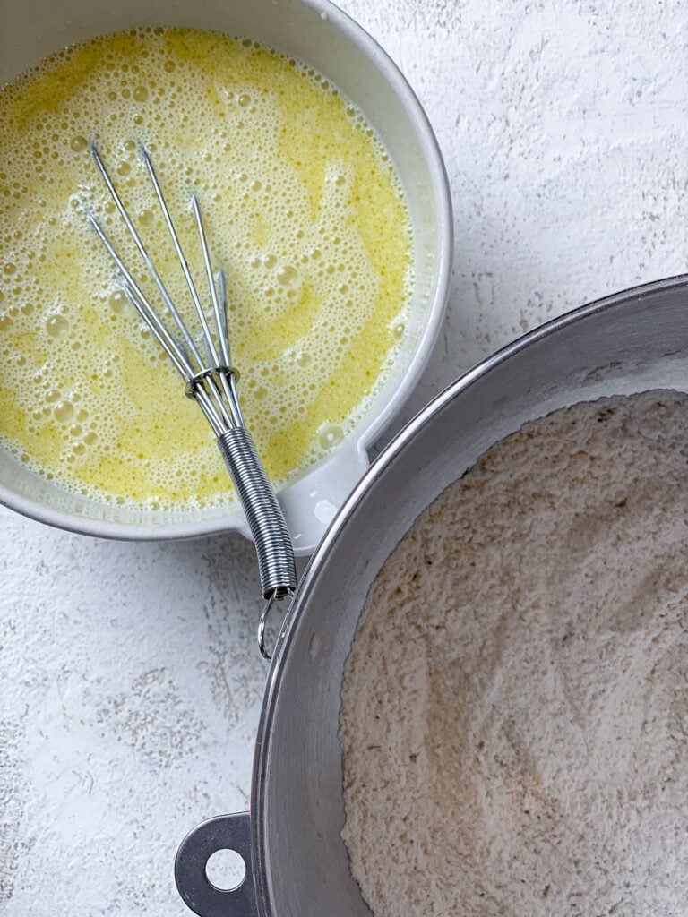 process shot showing wet ingredients alongside dry ingredients