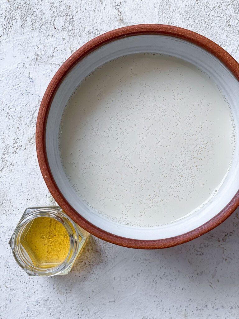 bowl of plant milk and ACV on a white surface
