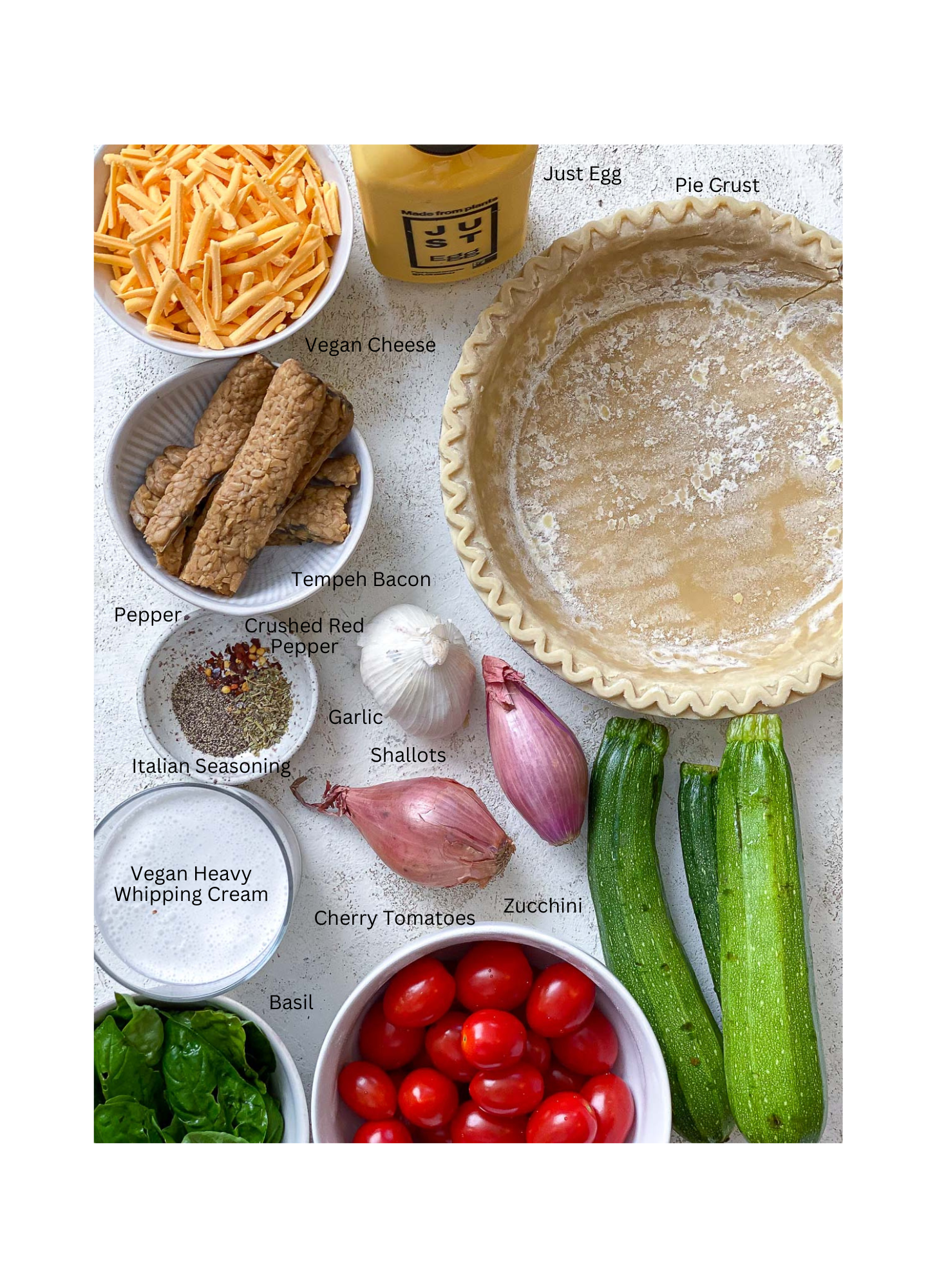 ingredients for Just Egg Quiche measured out against a white surface