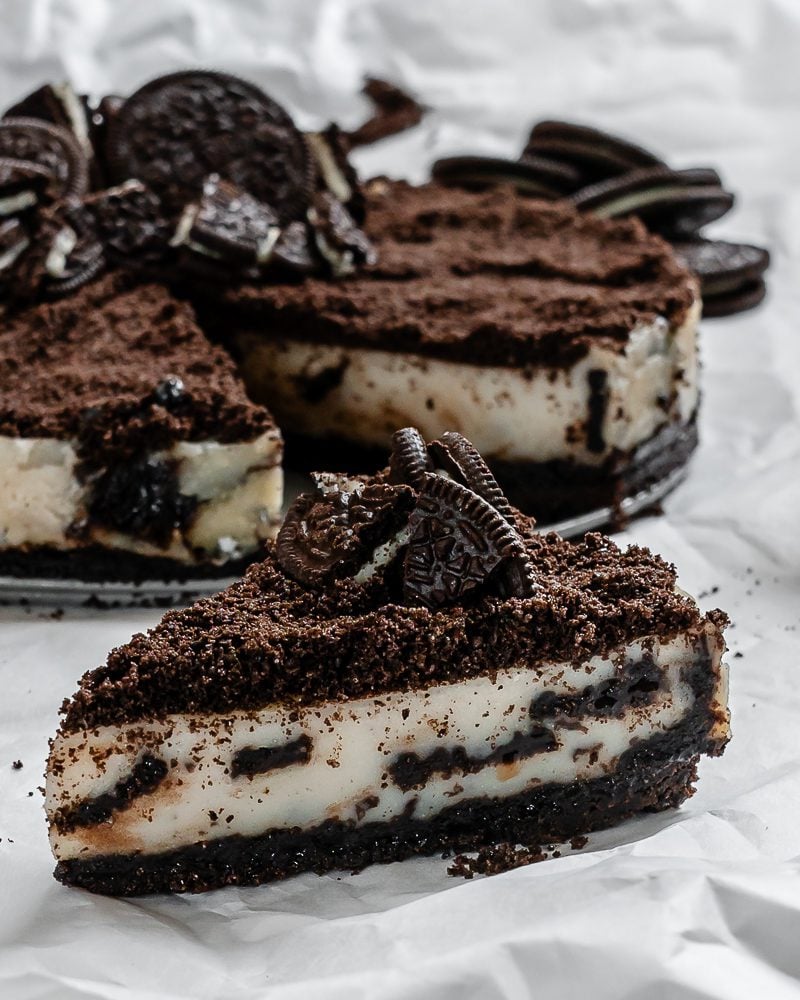 completed Vegan Oreo Cheesecake [6 Ingredient] against white surface