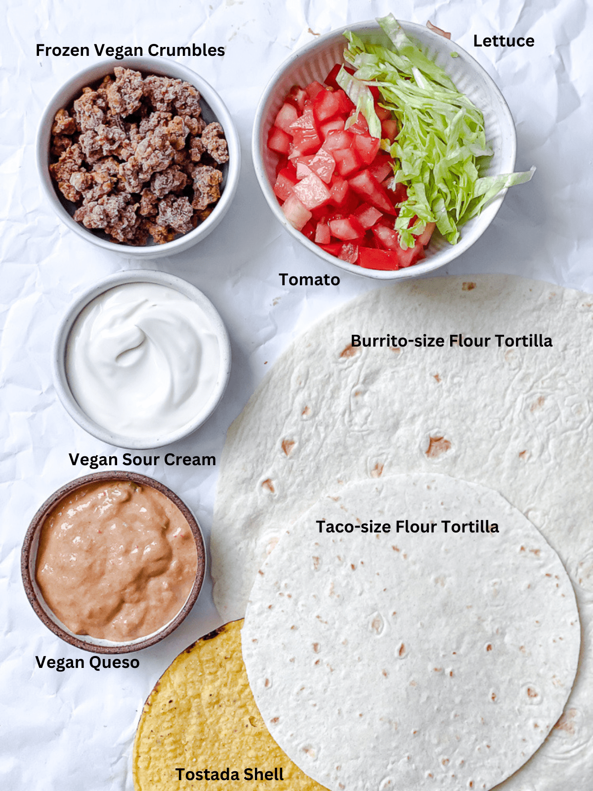 ingredients for Homemade Vegan Crunchwraps on a white surface