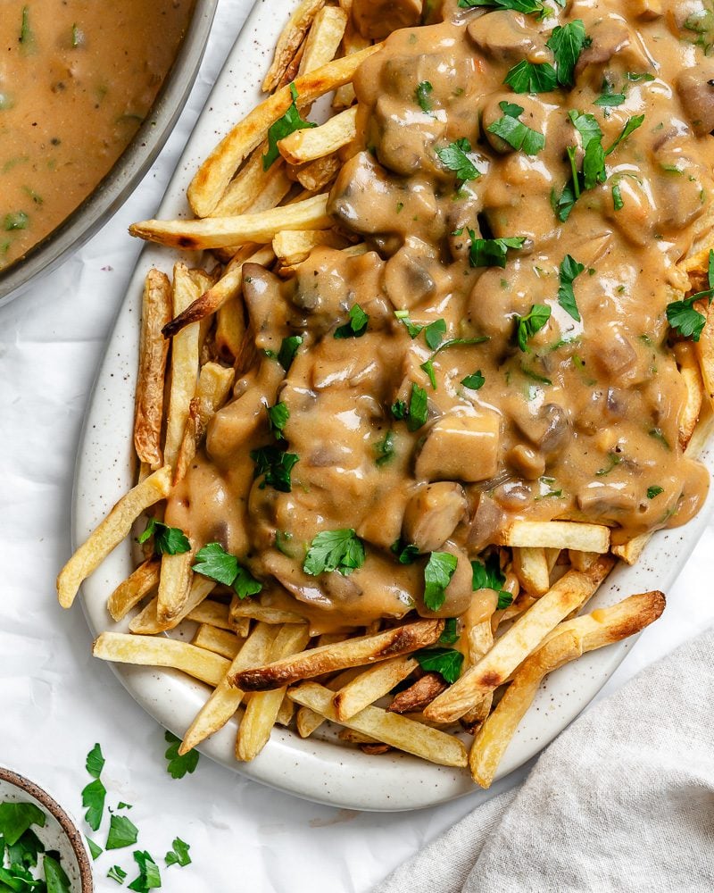 completed Vegan Poutine on a white platter