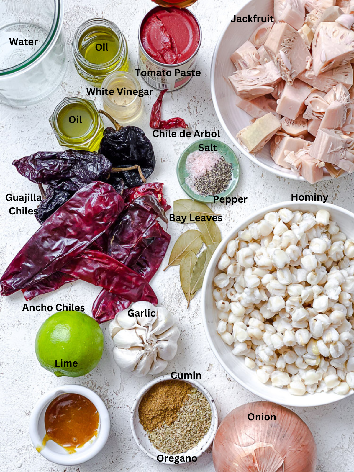 ingredients for Vegan Posole Rojo [Mexican Hominy Soup] measured out on a white surface