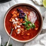 completed Vegan Posole Rojo [Mexican Hominy Soup] in bowl