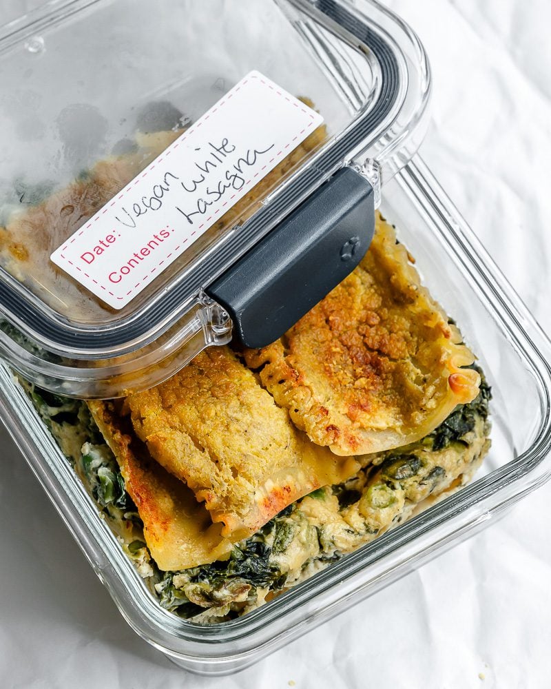 completed Vegan White Lasagna in storage container