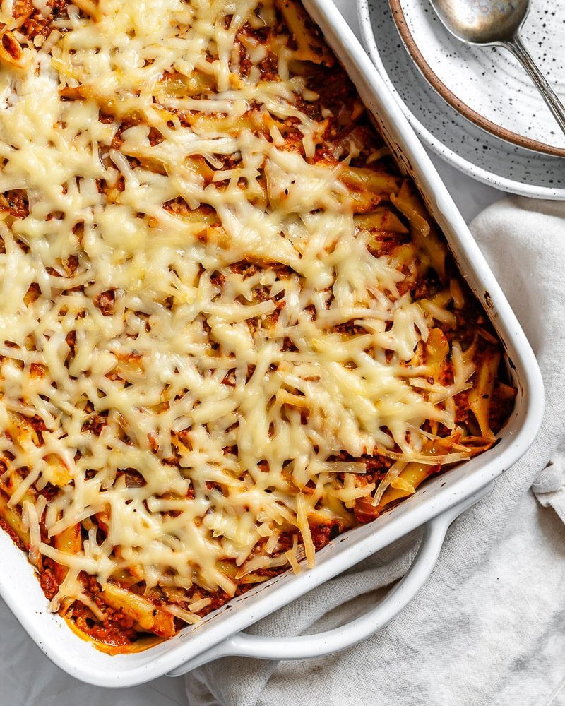 completed Vegan Baked Ziti in baking dish