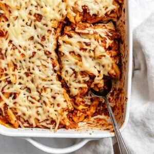 completed Vegan Baked Ziti in baking dish