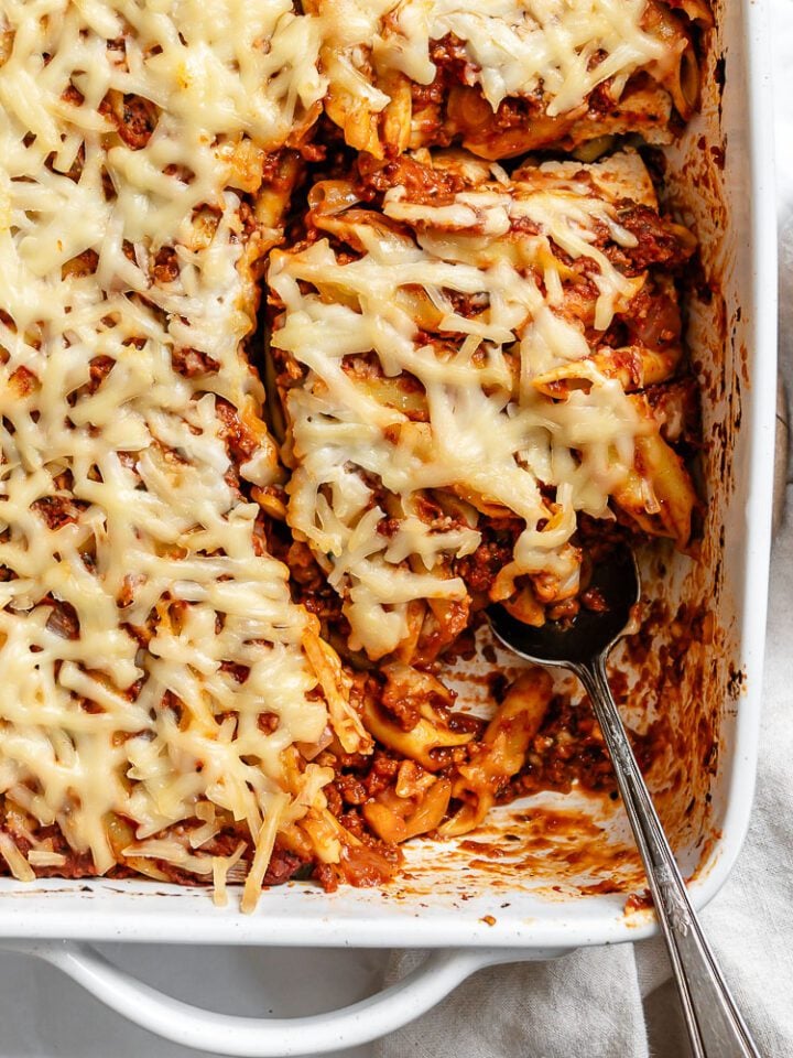 completed Vegan Baked Ziti in baking dish