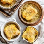 completed Vegan French Onion Soup in separate bowls