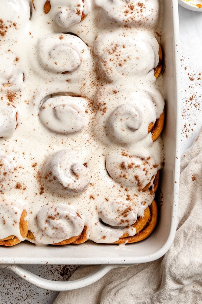 completed Vegan Pumpkin Cinnamon Rolls in dish