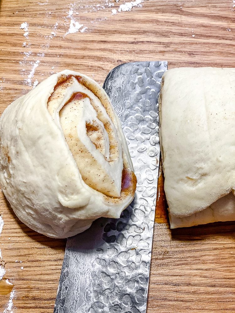 process shot showing slicing dough