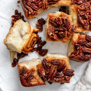 completed Pecan Cinnamon Sticky Buns on white surface