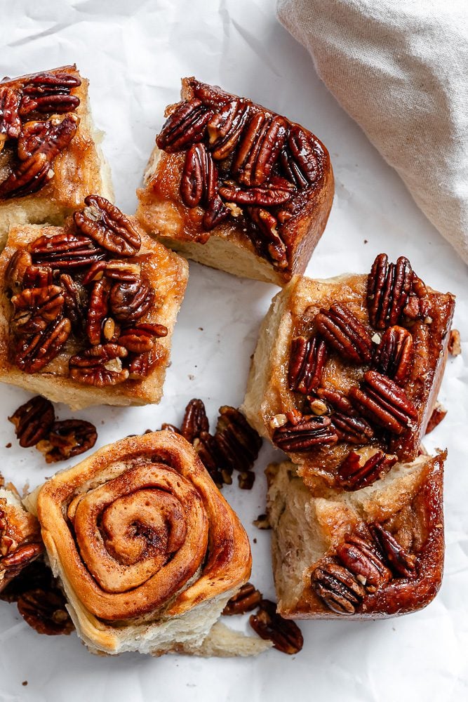 completed Pecan Cinnamon Sticky Buns on white surface