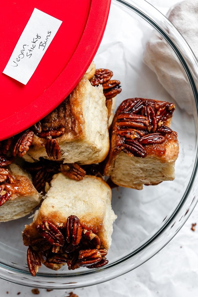 completed Pecan Cinnamon Sticky Buns in storage container