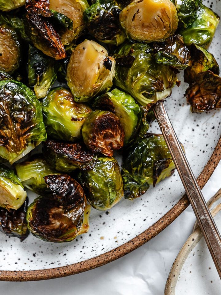 completed Maple Glazed Brussel Sprouts on a plate