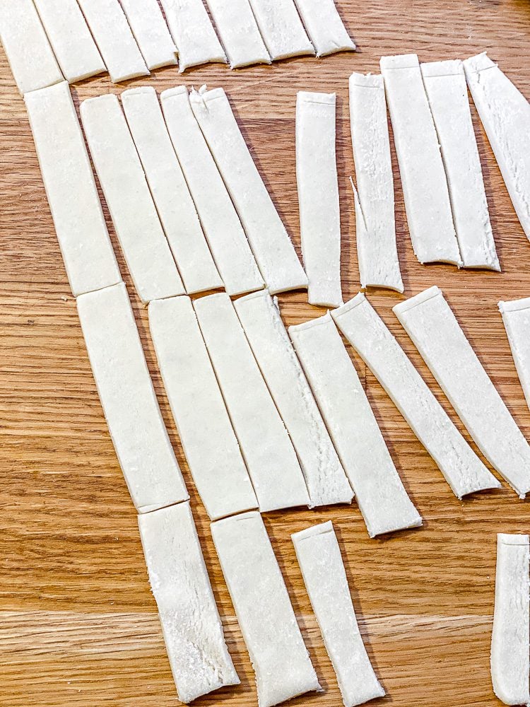 process shot showing strips of lattice on cutting board