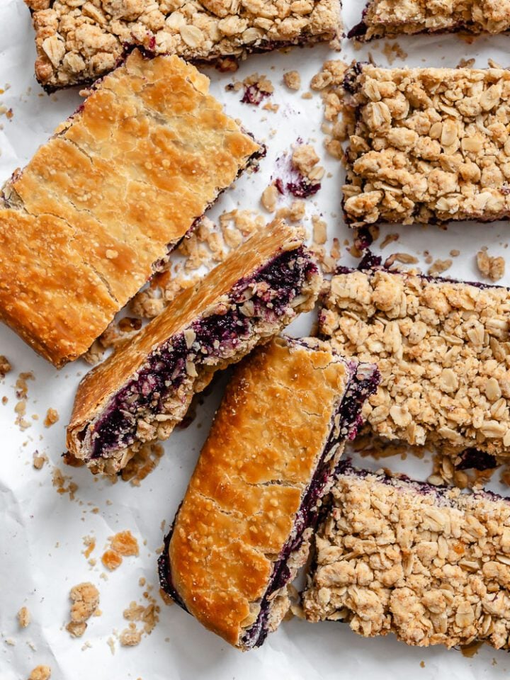 completed Easy Blueberry Pie Bars on a white surface