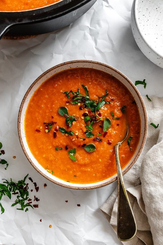 completed Butternut Squash and Carrot Soup in a bowl