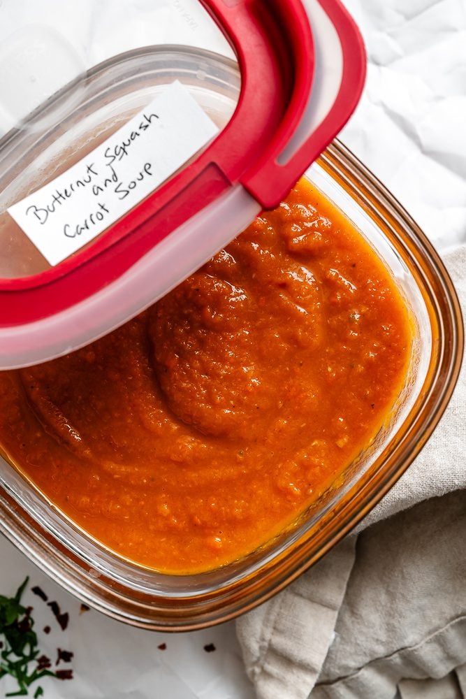 completed Butternut Squash and Carrot Soup in a storage container