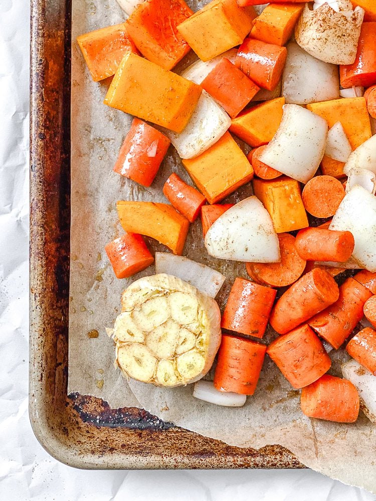 process shot showing veggies on baking tray