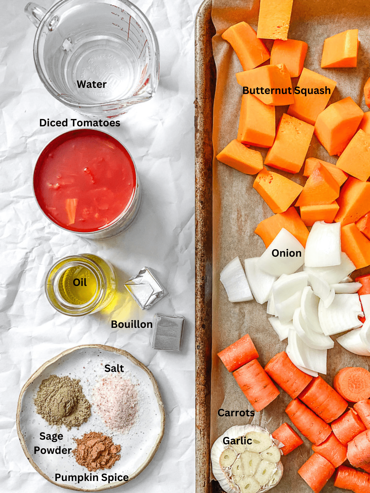 ingredients for Butternut Squash and Carrot Soup measured out on a white surface