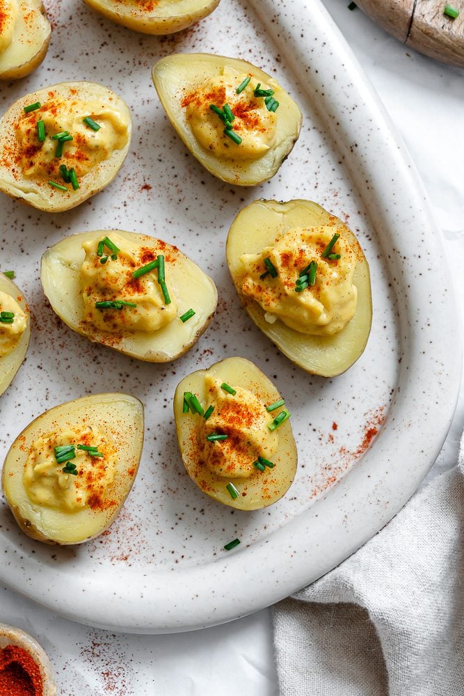 completed Deviled Potatoes on a serving platter