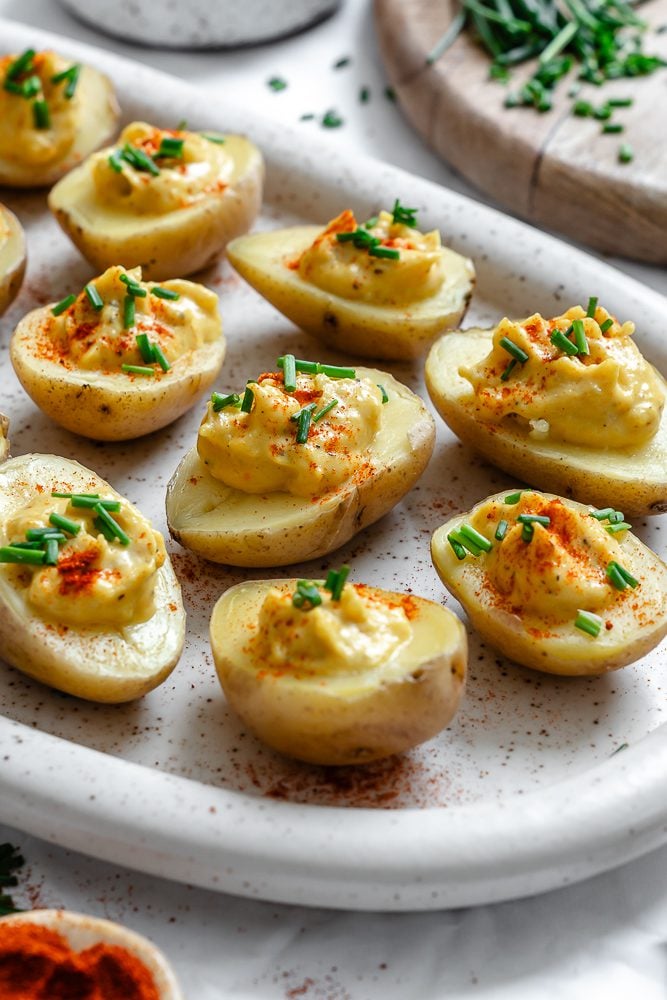 completed Deviled Potatoes on a serving platter