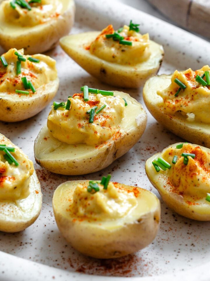 completed Deviled Potatoes on a serving platter