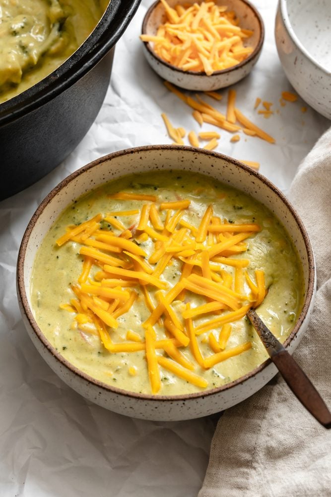 completed Vegan Broccoli Cheddar Soup in a bowl