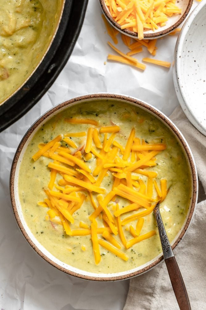 completed Vegan Broccoli Cheddar Soup in a bowl